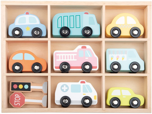 Lelin Toys  Σετ 9 Οχημάτων σε ξύλινο κουτί